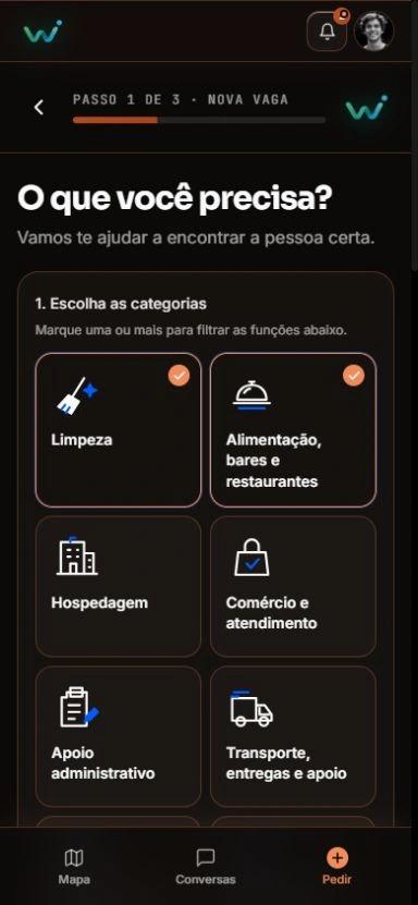 Tela atual da criação de vaga na Wibbe, com ícones próprios de categorias e seleção de Limpeza e Alimentação para filtrar as funções